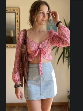 Vero Moda Pink Floral Tie-Front Peasant Blouse